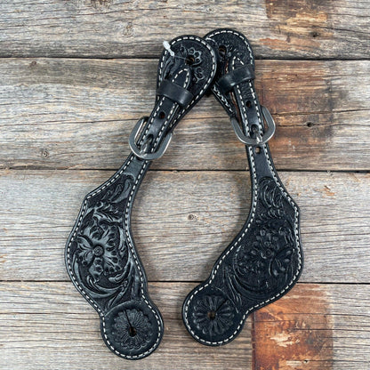 Black Genuine Leather Floral Tooled Spur Straps