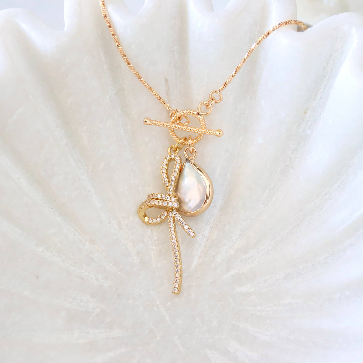 CZ Bow Pearl Coin Necklace