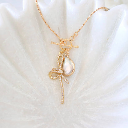 CZ Bow Pearl Coin Necklace