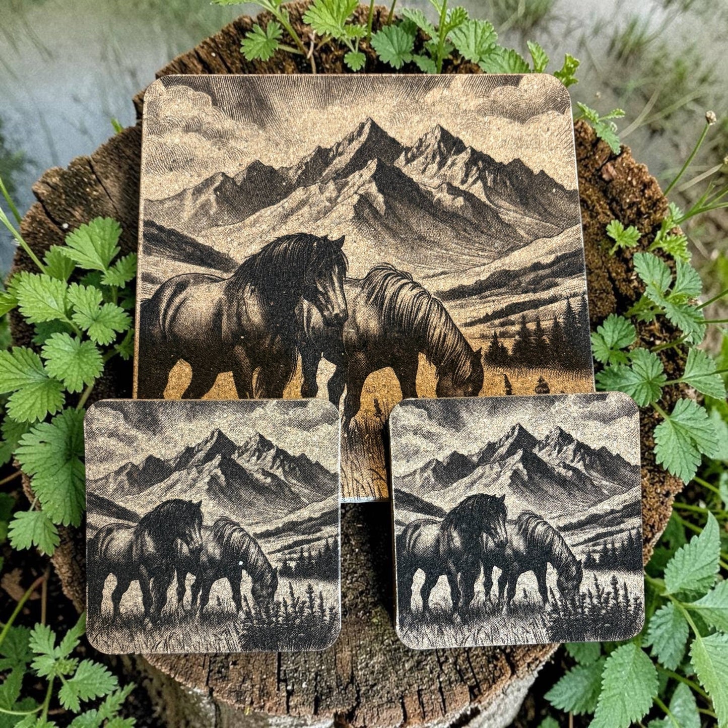 Horses in Mountains cork trivet and drink coasters, gift set