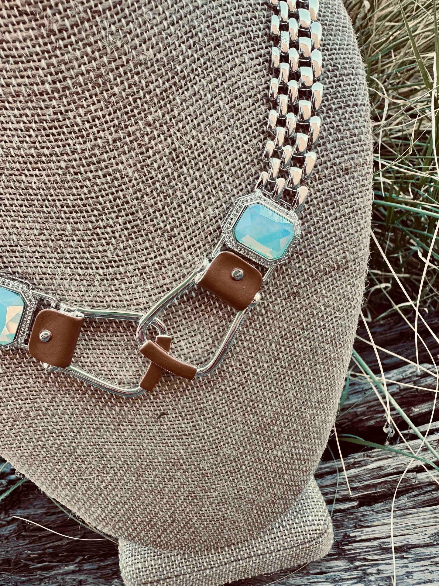 Bold Western Saddle Stirrup Necklace/Aqua stone w/toggle