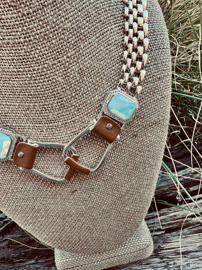 Bold Western Saddle Stirrup Necklace/Aqua stone w/toggle