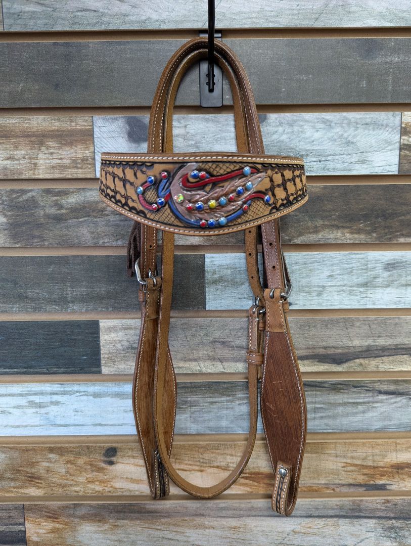 Western Headstall with Rainbow Beads Horse Light Oil