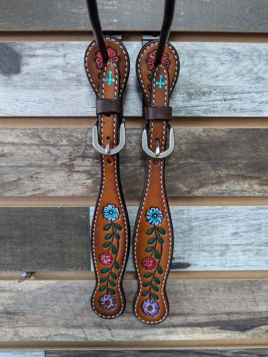 USED  Western Spur Straps with Painted Flowers 10" Medium Oil