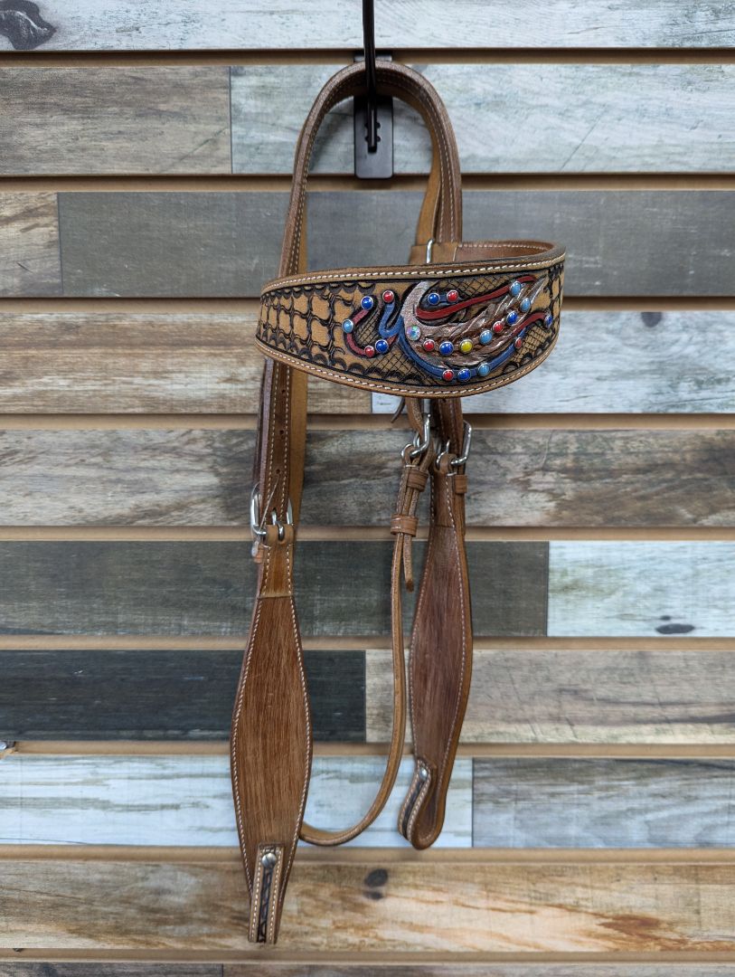 Silver Royal Headstall with Colorful Beads and Painted Feather Detail Horse Light Oil