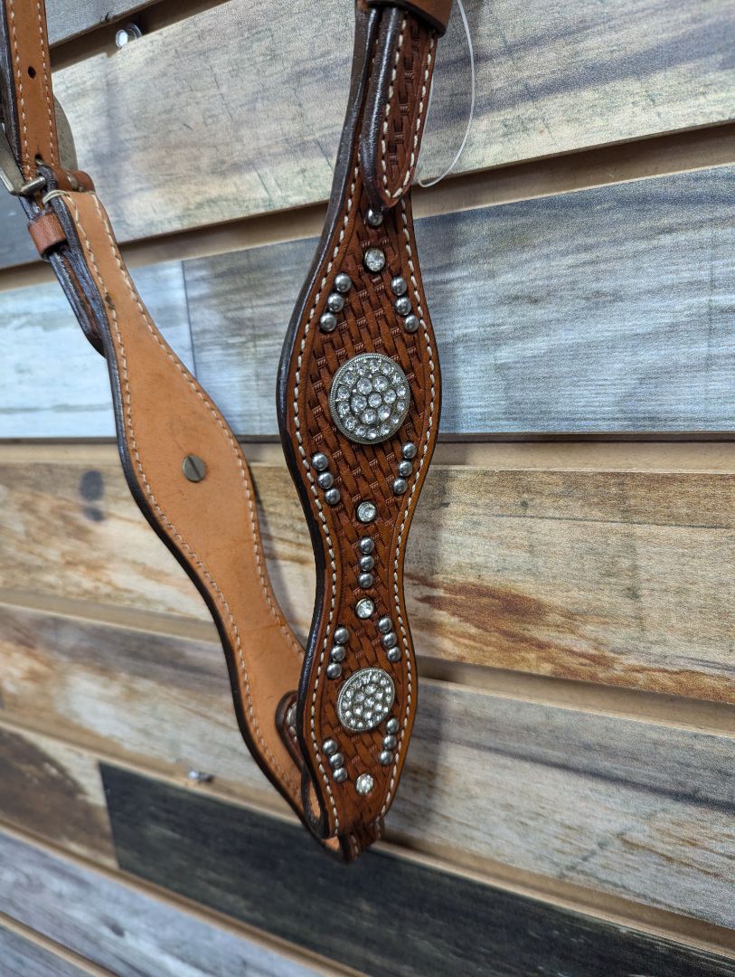 Tough1 Basket Stamp One Ear Headstall with Jewels Horse Medium Oil