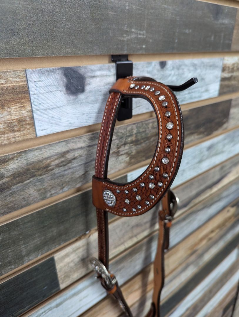 Tough1 Basket Stamp One Ear Headstall with Jewels Horse Medium Oil