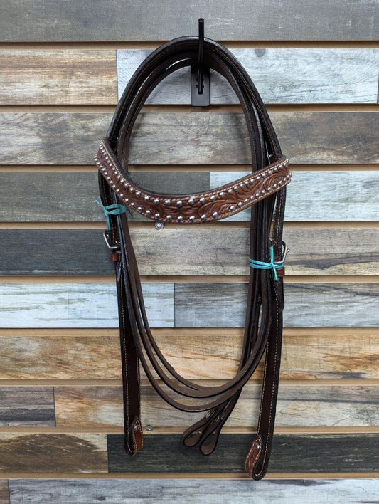 Stamped Western Headstall with Silver Studs and Reins Horse Dark Oil