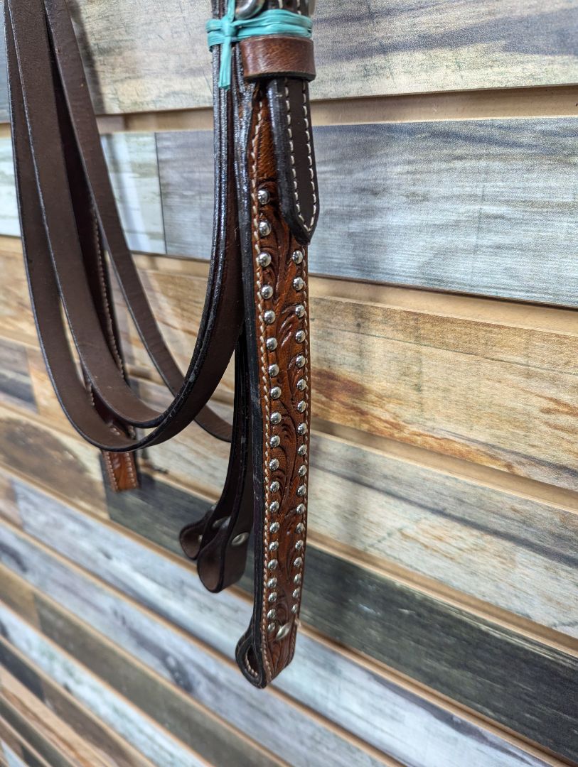 Stamped Western Headstall with Silver Studs and Reins Horse Dark Oil