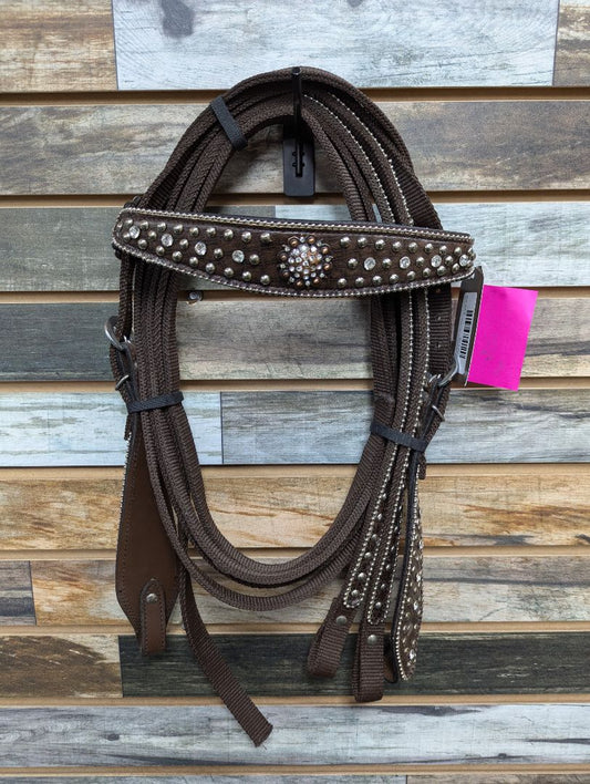 Tough1 Western Headstall with Nylon Reins Horse Dark Oil