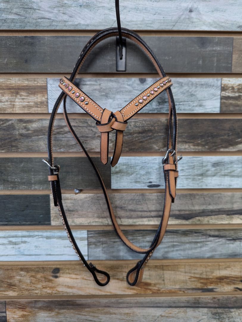 USED  Western Headstall with Pink Rhinestone Horse Light Oil