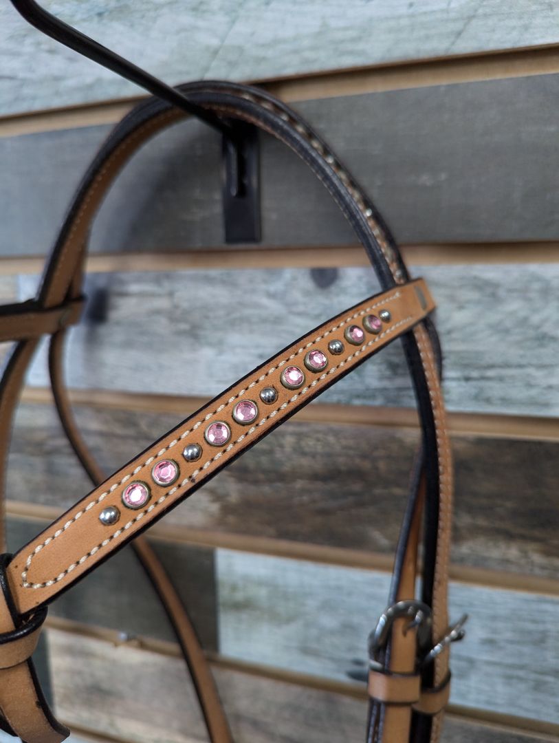 USED  Western Headstall with Pink Rhinestone Horse Light Oil