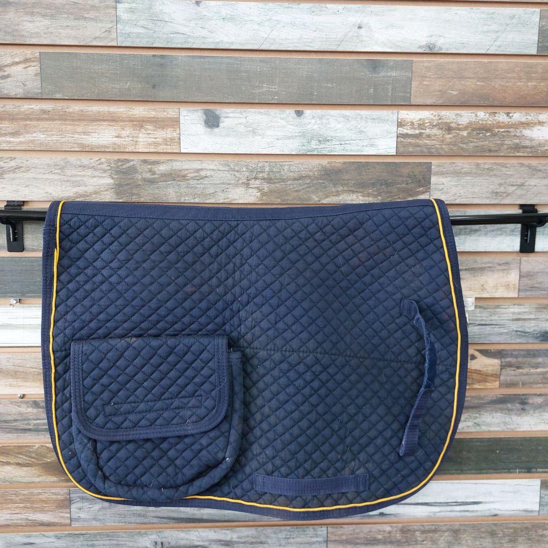 USED Derby Original English AP Saddle Pad Horse Navy Blue/Yellow Trim