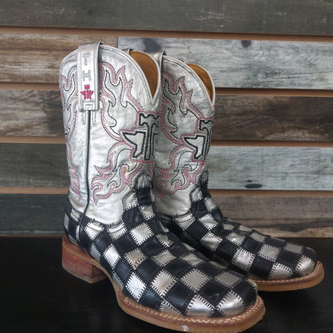 USED Tin Haul Checkered Shiny Metal 5 1/2 Checkered/Pink/Silver