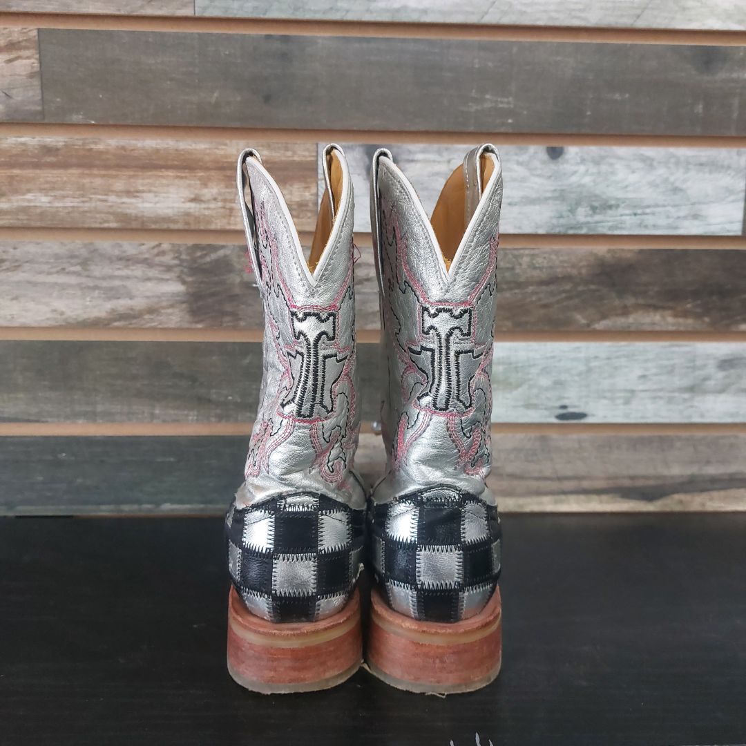 USED Tin Haul Checkered Shiny Metal 5 1/2 Checkered/Pink/Silver
