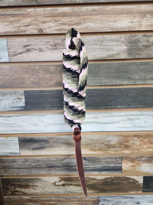 USED  Lead Rope With Leather Popper -No Snap-  Pink/Sage/Black