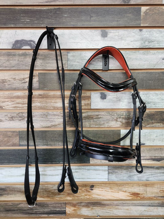 USED  Padded Dressage Bridle with Reins Pony Black/Orange