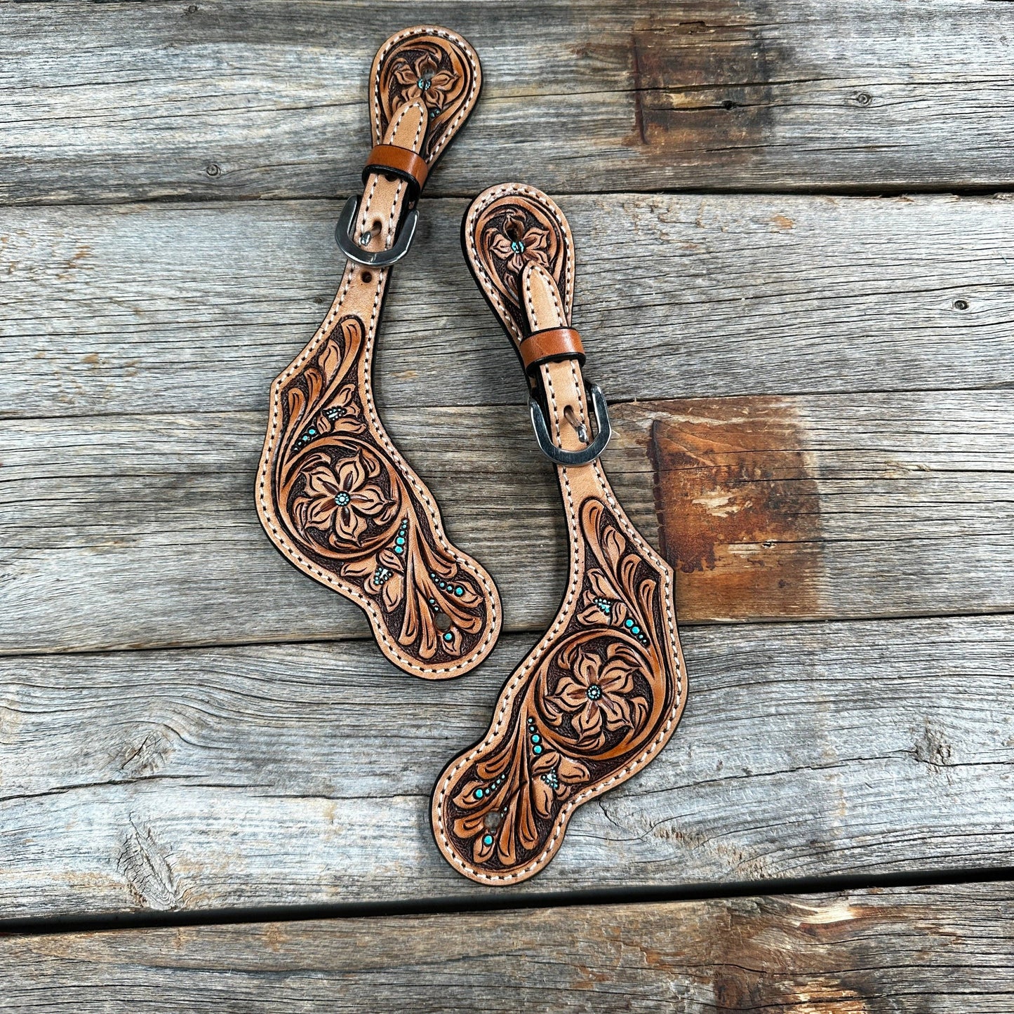 Floral and Teal Dot Tooled Spur Straps