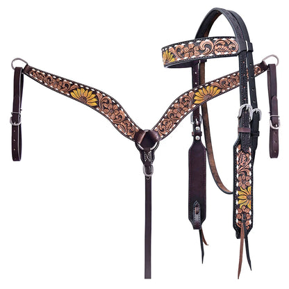 Hilason -  Horse Floral Hand Painted American Leather Breast Collar and Headstall Dark Brown