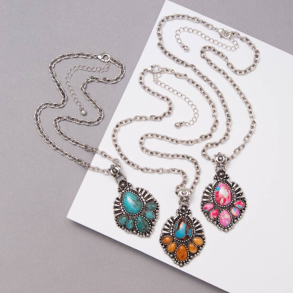 Western Hand Stone Teardrop Concho Necklace