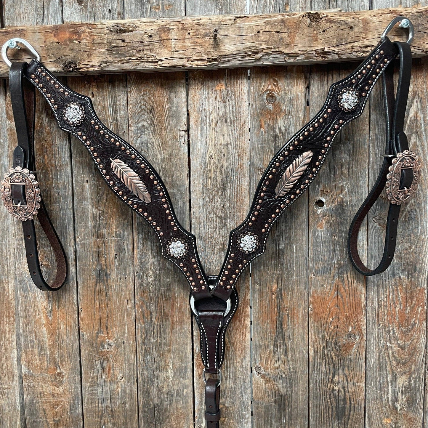 Dark Oil Floral Copper Dot Clear Browband / One Ear / Breastcollar Buckstitch Tack Set #BBBC486