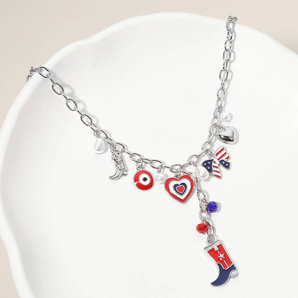 Enamel American USA Flag Cowboy Bow Heart Charm Necklace