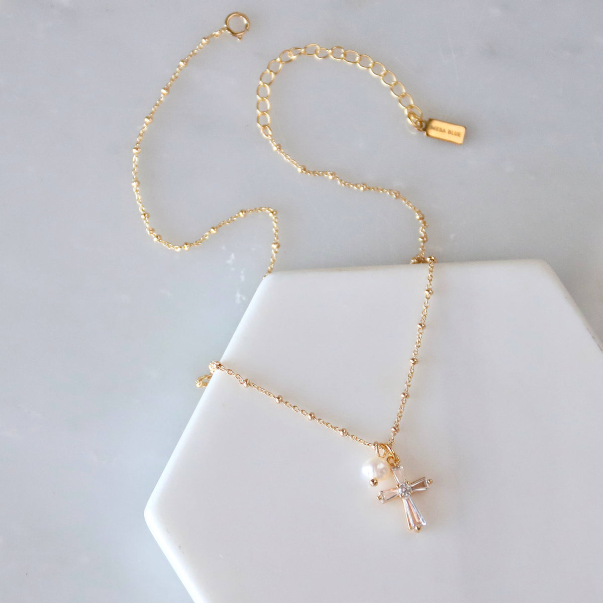 Pearl, CZ Cross Necklace 