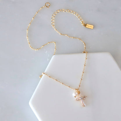 Pearl, CZ Cross Necklace 