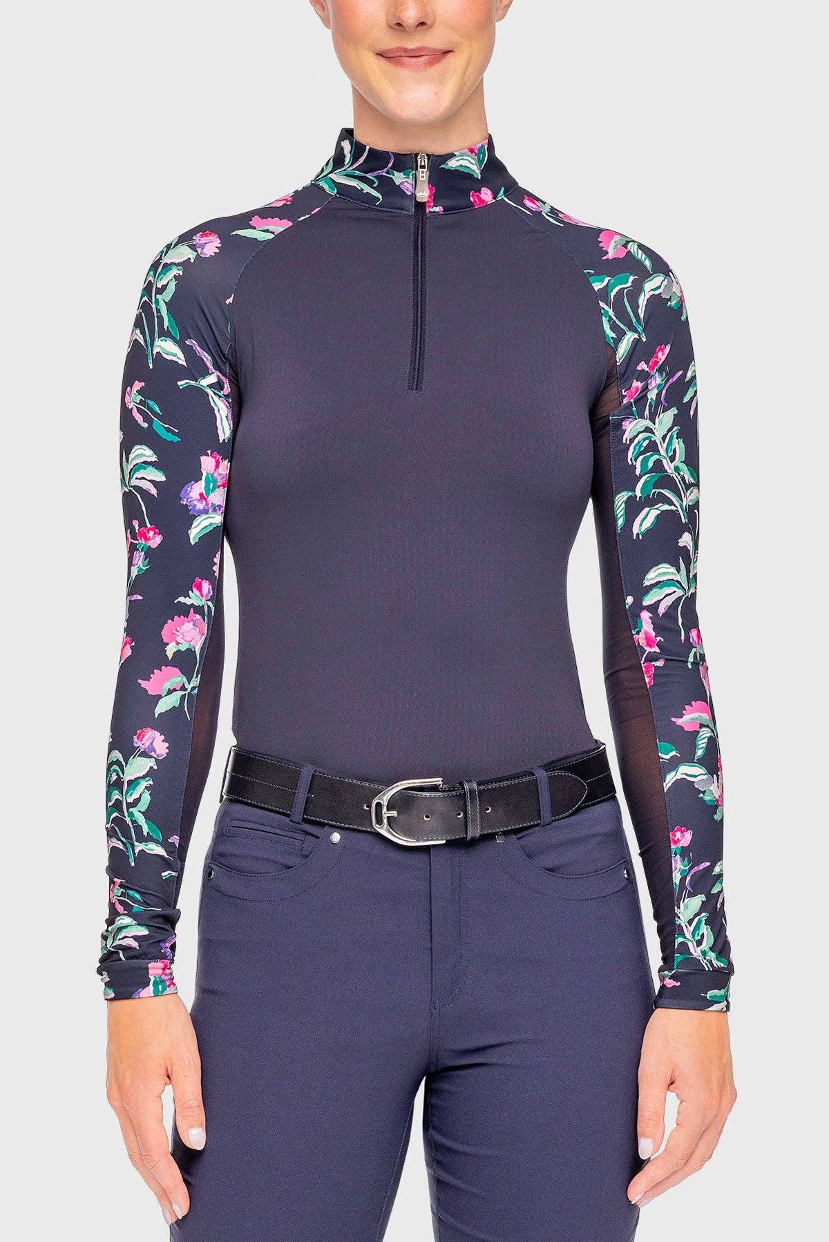 Long Sleeve Navy Garden Blooms Raglan 1/4 Zip Sun Shirt