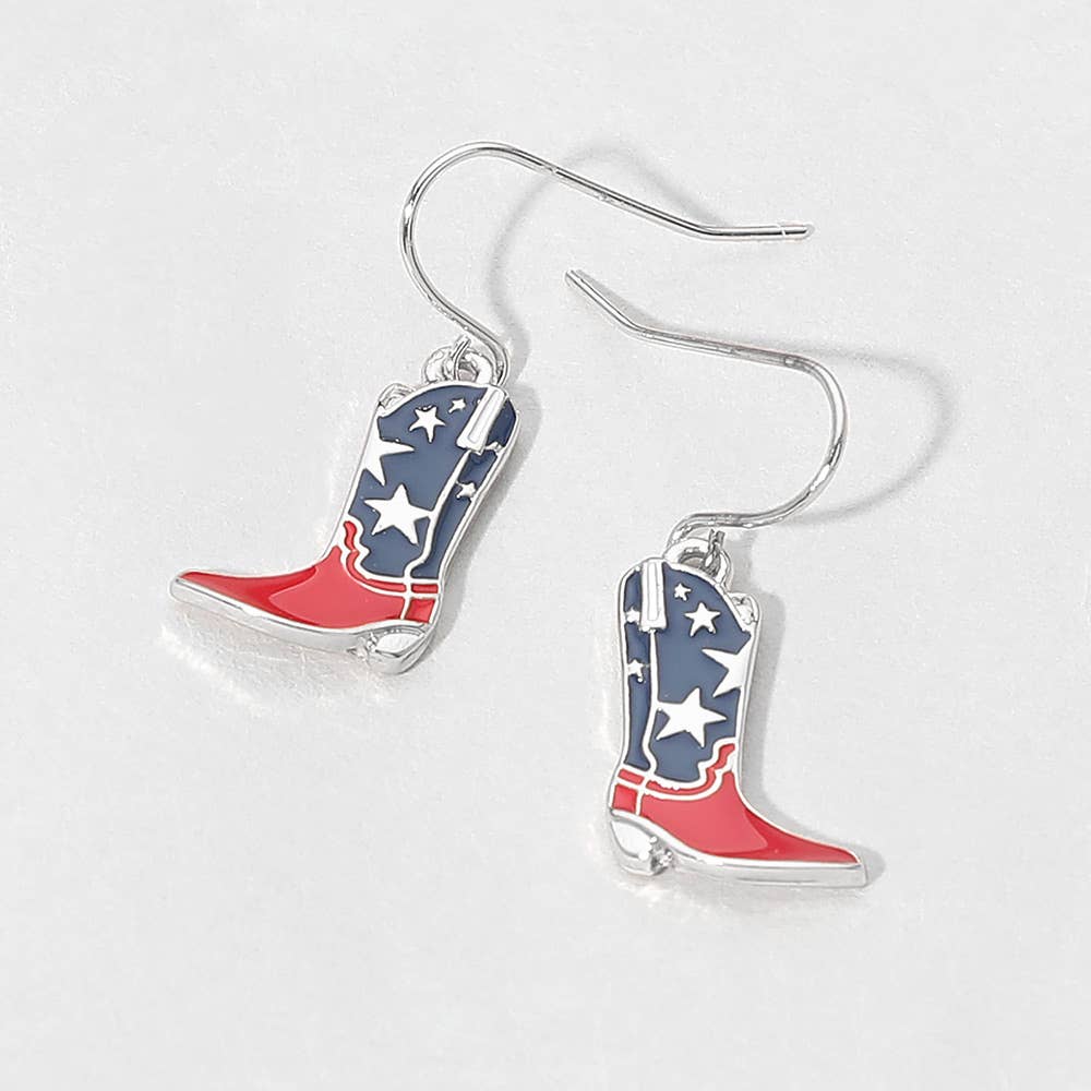 American USA Flag Cowboy Boot Charm Drop Dangle Earrings