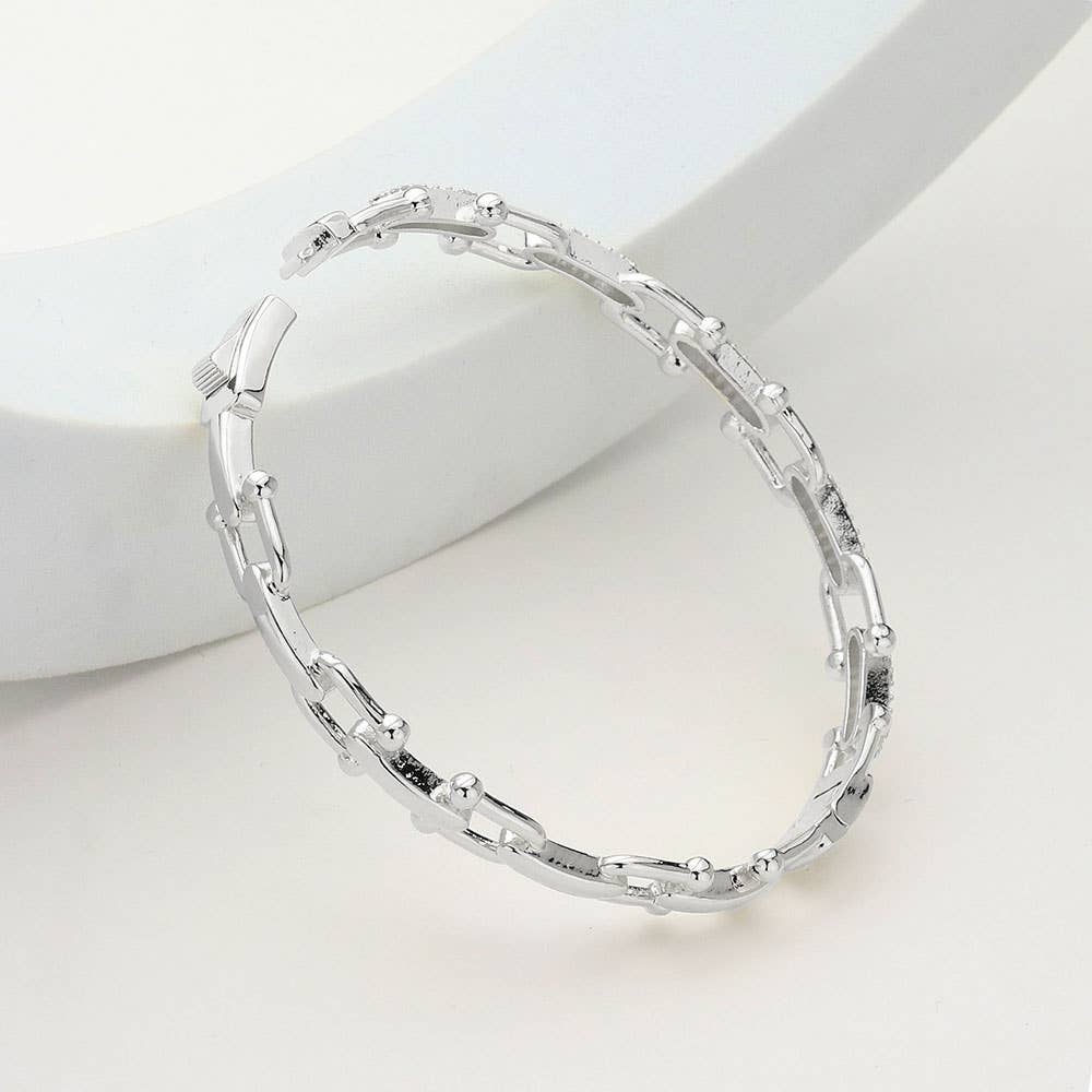 CZ Stone Paved Horseshoe Buckle Hinged Bangle Bracelet
