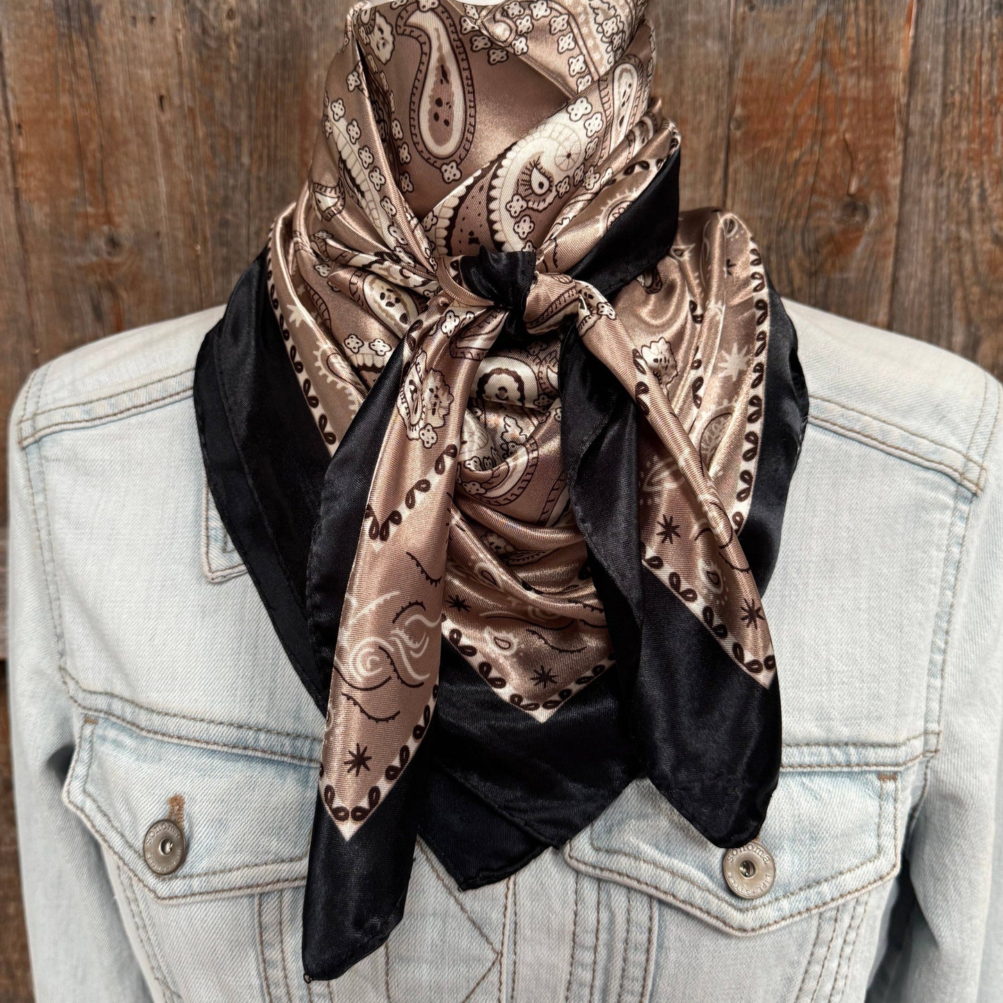 35X35"  Black and Tan Floral Paisley Wild Rag / Scarf WR3383