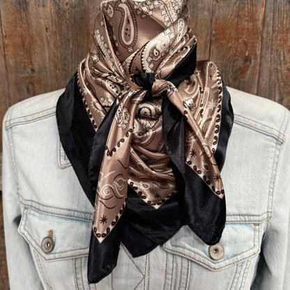 35X35"  Black and Tan Floral Paisley Wild Rag / Scarf WR3383