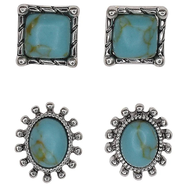 Justin Earring 2 Pair Fixed Post Square and Oval Framed Turquoise Colored Stone
