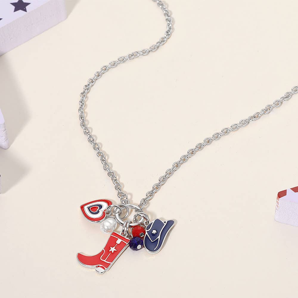 Enamel American USA Flag Cowboy Heart Pearl Charm Necklace