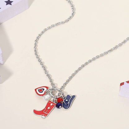Enamel American USA Flag Cowboy Heart Pearl Charm Necklace