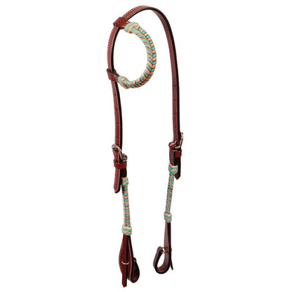 Headstall 1 Ear w/Natural + Turquoise Laced Rawhide