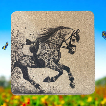 Floral Dressage Horse cork trivet and coasters, gift set