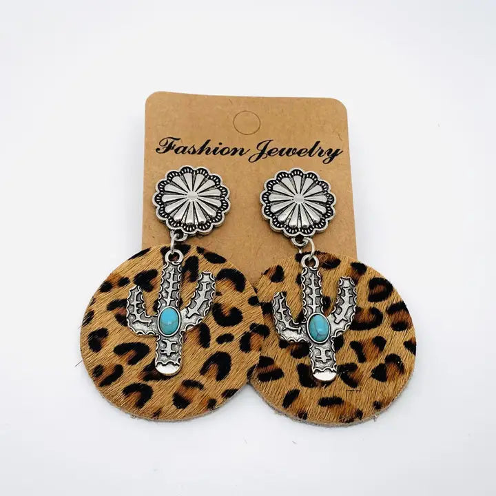 Western Style Cactus Animal Skin Double Charm Earrings