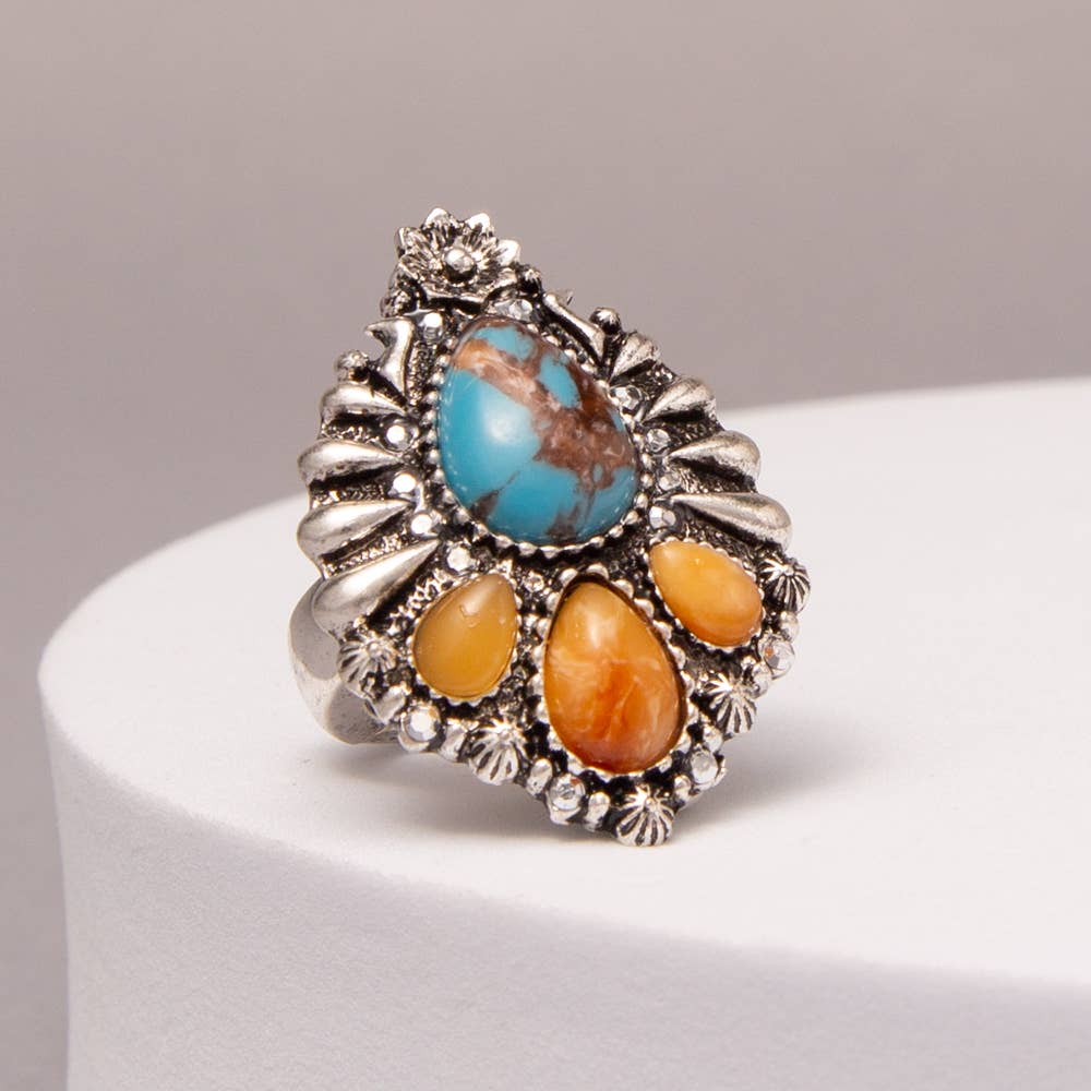 Western Multicolor Teardrop Turquoise Stretch Ring