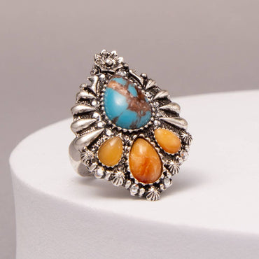 Western Multicolor Teardrop Turquoise Stretch Ring