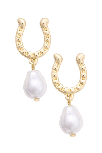 Lucky Horseshoe Pearl Drop Earrings in Ivory