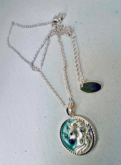 Arabian horse face Disk Necklace with Aqua