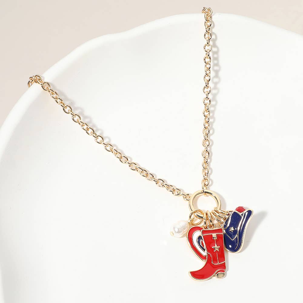 Enamel American USA Flag Cowboy Heart Pearl Charm Necklace
