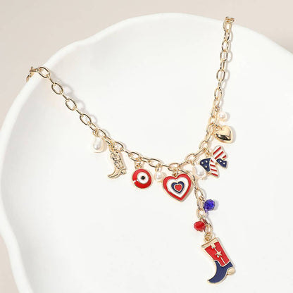 Enamel American USA Flag Cowboy Bow Heart Charm Necklace