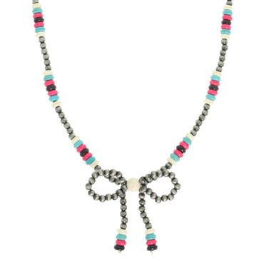Western Marbled Pearl Bead Long Tail Bow Necklace