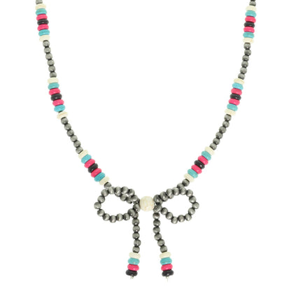 Western Marbled Pearl Bead Long Tail Bow Necklace