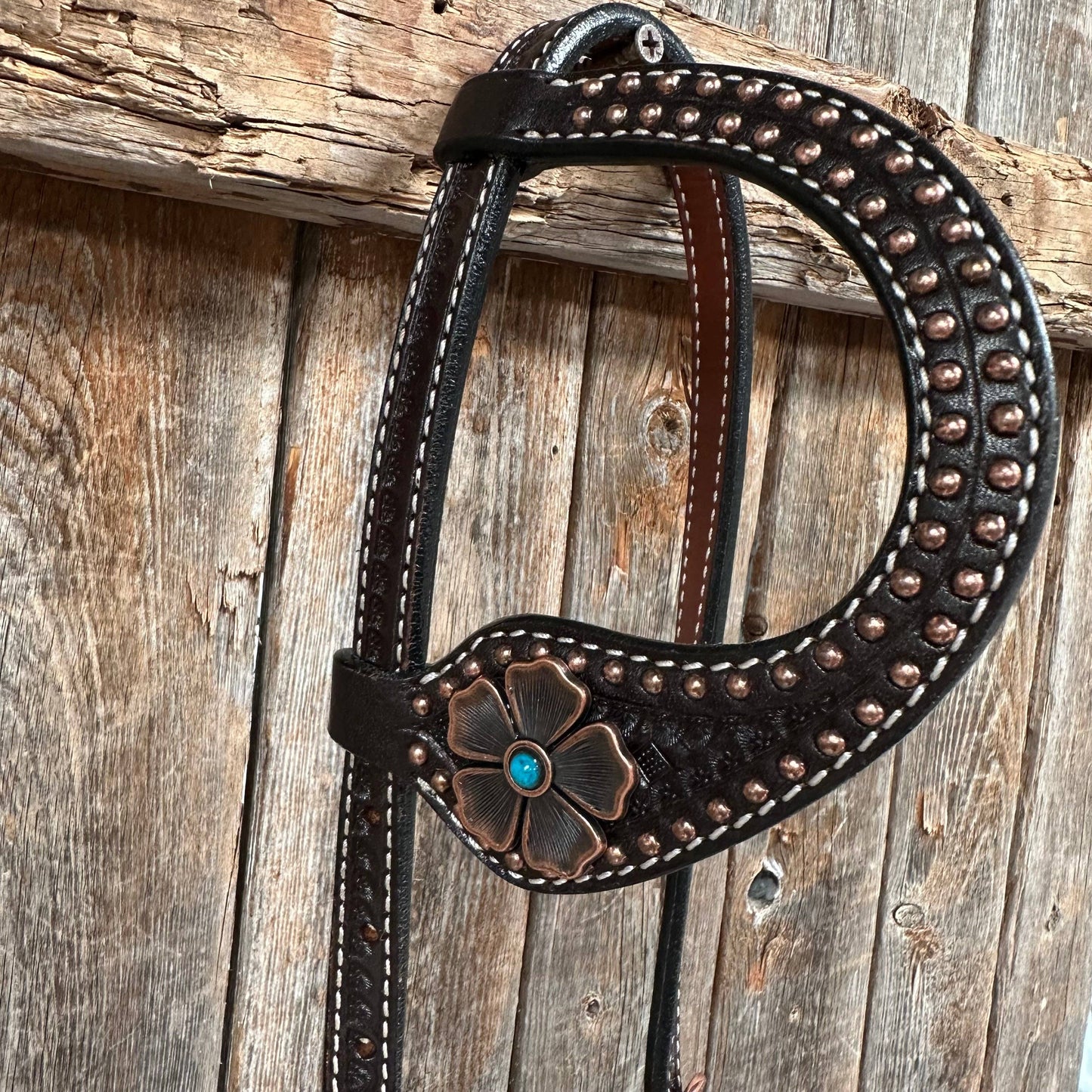 Copper Dot Honeycomb Flower and Turquoise Browband / One Ear Tack Set