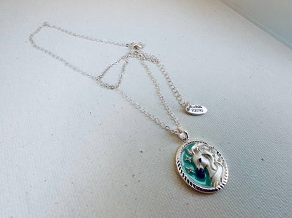 Arabian horse face Disk Necklace with Aqua