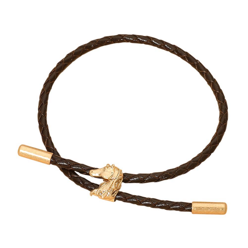 Horse Charm Accent Braided Faux Leather Cord Adjustable Bracelet